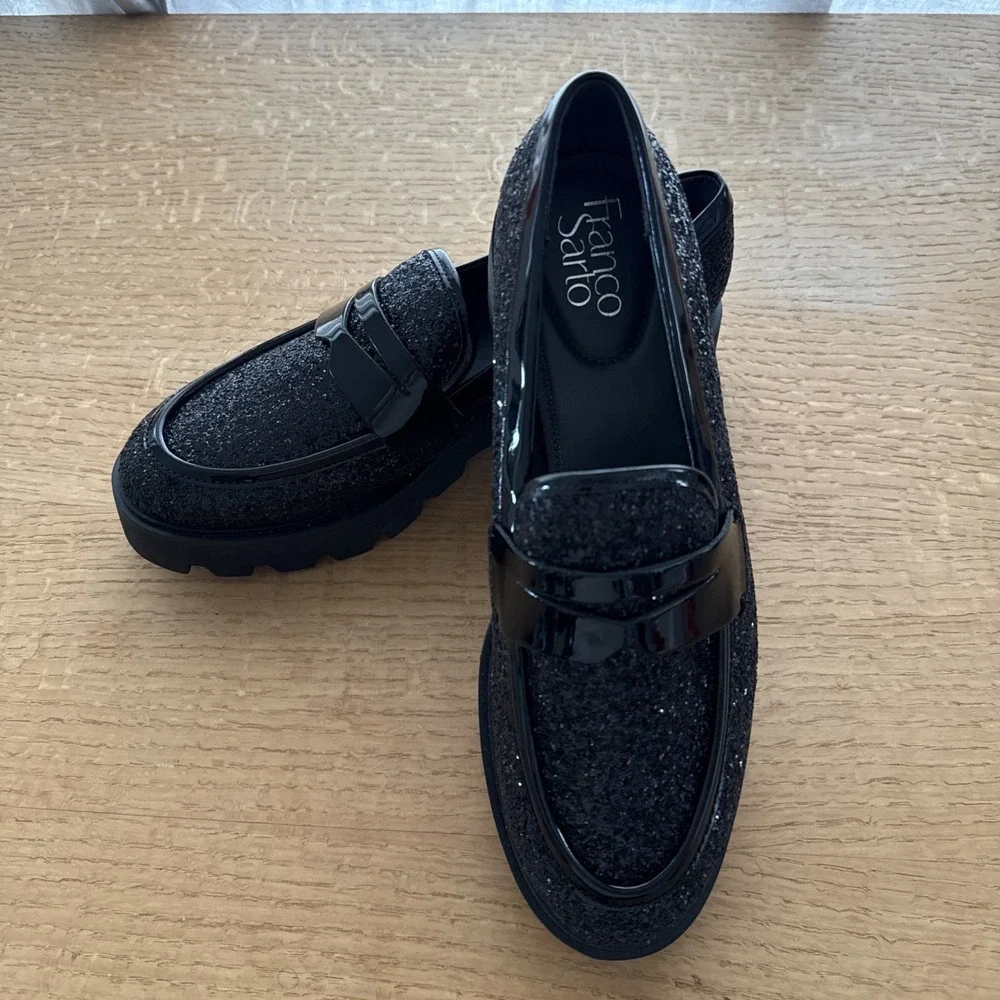 New FRANCO SARTO Bazel Lug Sole Penny Loafer In Black Glitter Size 9